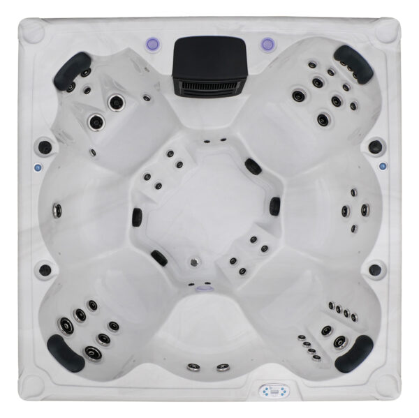 Intérieur du Spa Premium Line Ouranos avec sièges moulés et hydrojets pour une expérience de bien-être et d’hydrothérapie avancée.