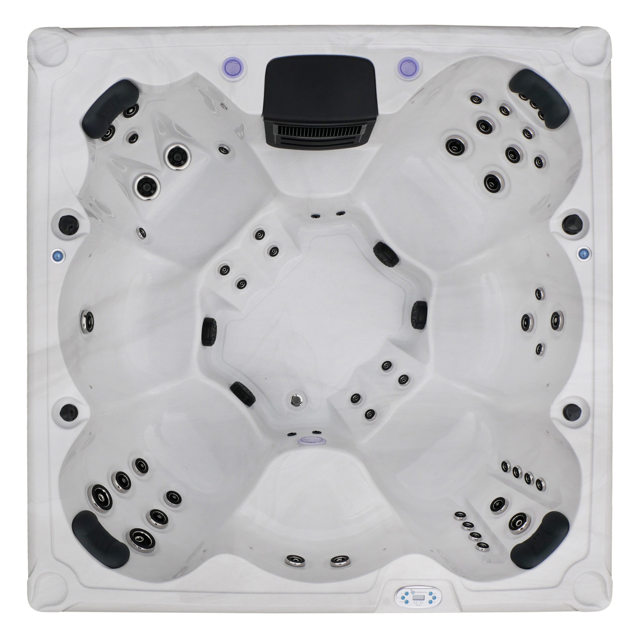 Intérieur du Spa Premium Line Ouranos avec sièges moulés et hydrojets pour une expérience de bien-être et d’hydrothérapie avancée.