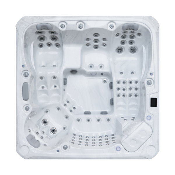 Cuve du Spa Divine Line Rhodé en acrylique blanc, équipée de jets hydromassants et de sièges moulés pour une relaxation optimale.