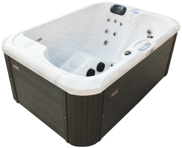 Modélisation 3D d’une cuve de spa avec vue panoramique sur l’extérieur, illustrant l’agencement des sièges et des jets hydromassants.